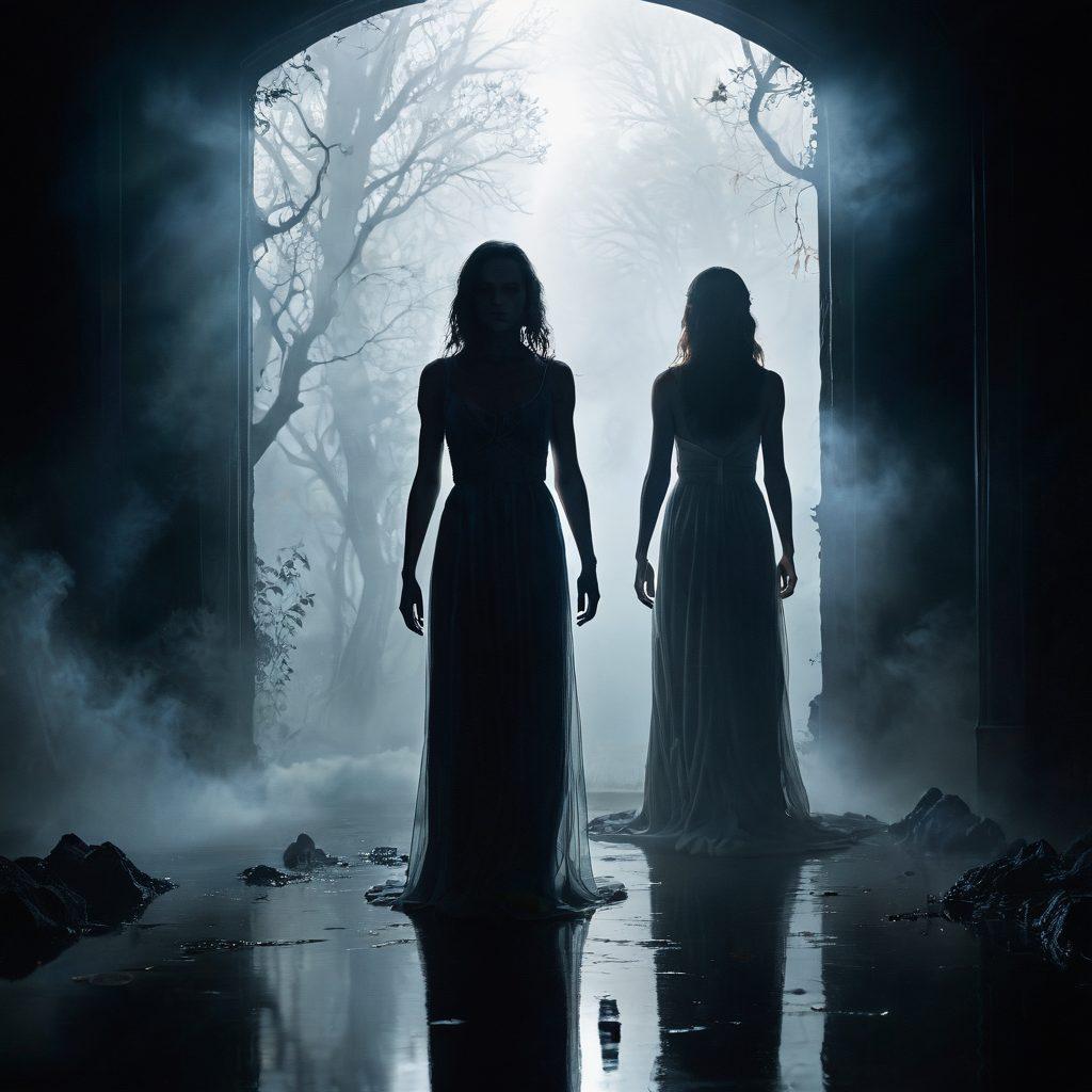 Alicia standing on a shadowy path surrounded by swirling mist, her reflection in a broken mirror revealing her inner demons. Ethereal figures hover nearby, symbolizing past traumas and fears. The scene conveys a mix of struggle and hope, with a hint of light breaking through the clouds above. Atmospheric and emotional, capturing both darkness and potential for healing. super-realistic. vibrant colors. moody lighting.