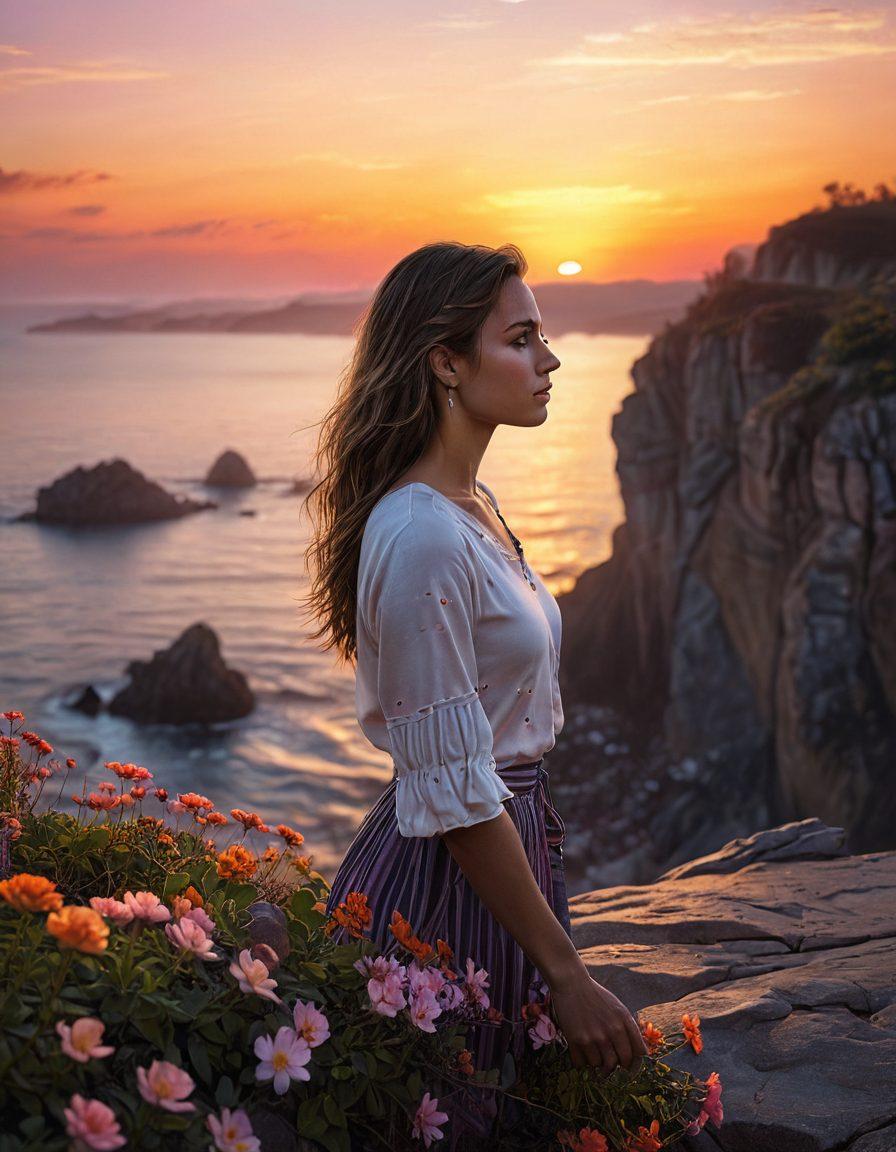 A young woman looking out over a breathtaking landscape at sunrise, with tears of hope glistening on her cheeks, symbolizing resilience amid despair. The sky is painted in warm hues of orange and pink, casting a soft glow on the scenery. In the foreground, a delicate flower blooms, representing recovery and growth. The overall mood is uplifting, contrasting the darkness of despair with the light of hope. super-realistic. vibrant colors. atmospheric.