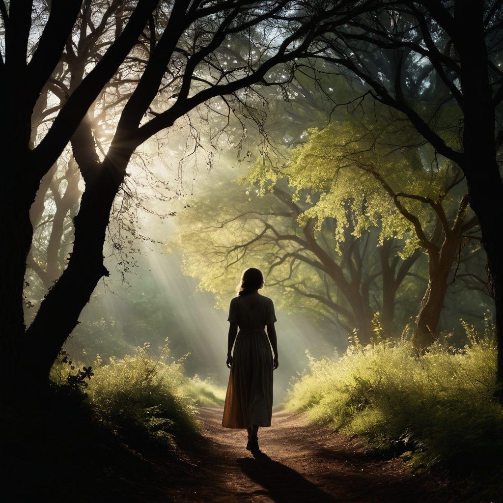 A contemplative silhouette of a woman named Alicia walking through a dark, shadowy forest with soft beams of light breaking through the trees, symbolizing hope and healing. Oak and willow trees surround her, with delicate flowers sprouting in patches along the path, representing sorrow and renewal. The atmosphere is moody yet encouraging, blending darkness and light harmoniously. surrealistic. soft colors. dramatic lighting.